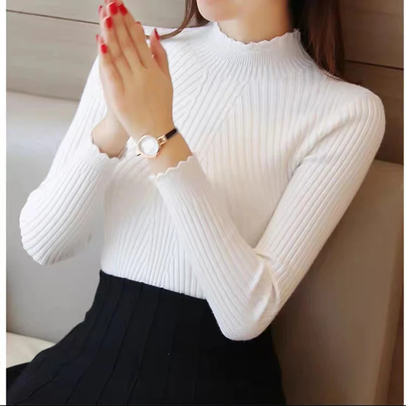 HELIAR Women Mock Neck Ruffles Sweater Long Sleeve Knitted Bottoming Solid Pullovers Stripe Casual Sweater For Women 2024 Autumn