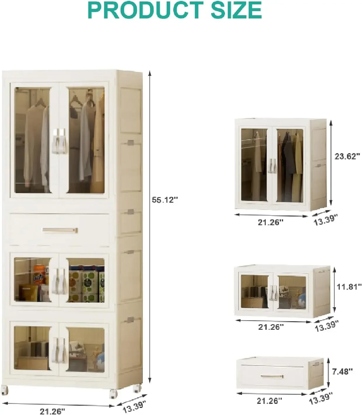 Plastic Closet Organizer with Hanging Rod, Collapsible Children's Armoire Storage Cabinet for Bedroom, Easy to Install (White, L