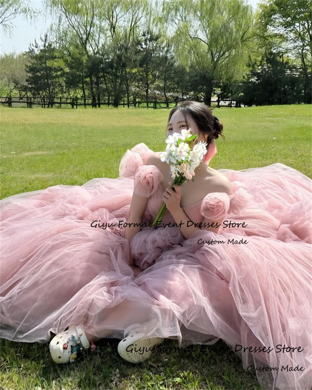 Giyu-Vestido de casamento coreano drapeada até o chão, flores rosa 3D, vestido de noite com faixa preta, Sessão Fotográfica, 2022