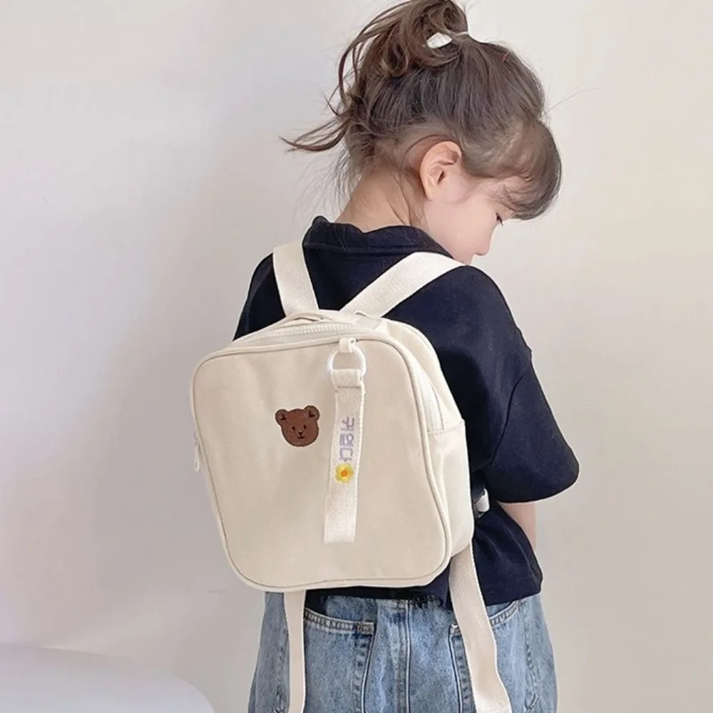 

Sweet Bear Cartoon Backpack Canvas Square Children School Bag Lightweight Small Cute Shoulder Bag Kids Pack