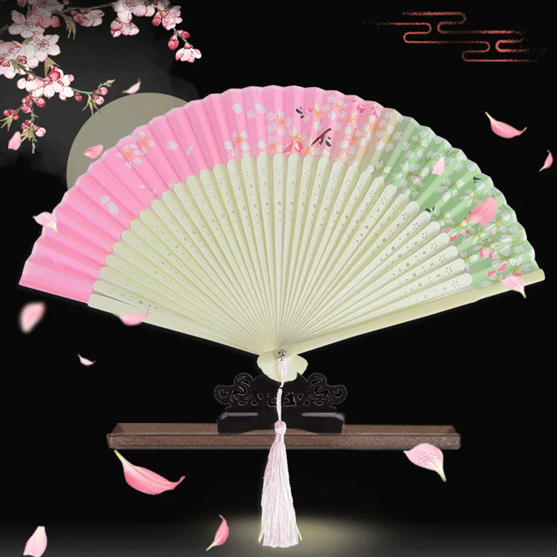 Chinese Japanese Silk Folding Fan Classical Plum Blossom Pattern Bamboo Hand Fan Elegant Female Dance Fan Wedding Home Decor