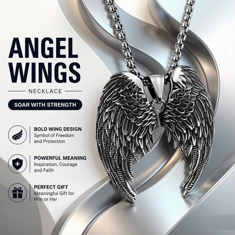 Retro Zinc Alloy Angel Wings Pendant Necklace, Antique Silver Tone Feather Charm Jewelry for Men Women, Durable Protection