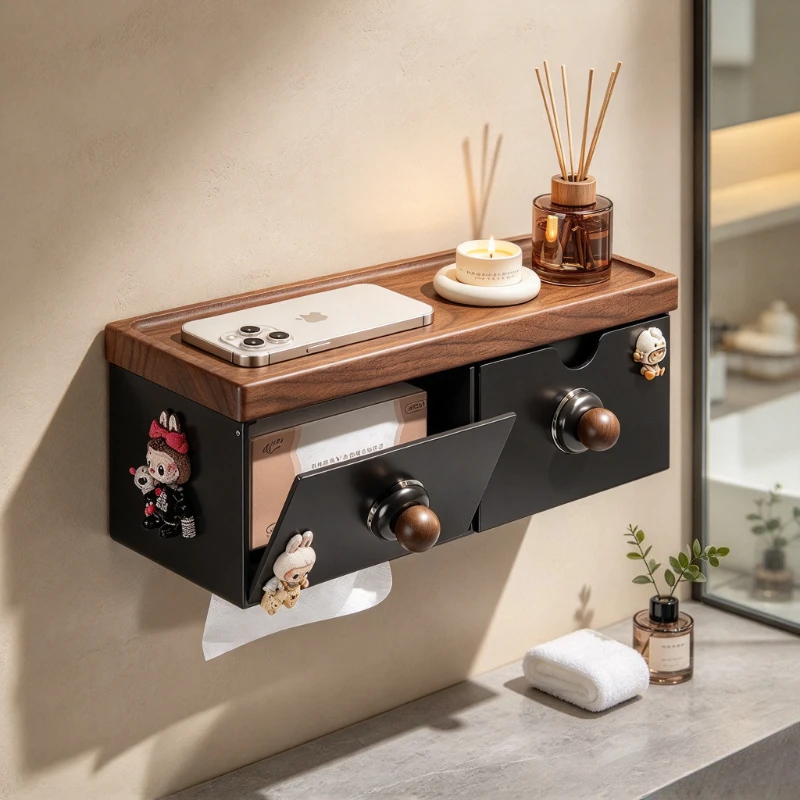 Walnut Toilet Paper Holder with Shelf, Waterproof Wall Mounted Bathroom Tissue Box, Smooth Dispensing Design
