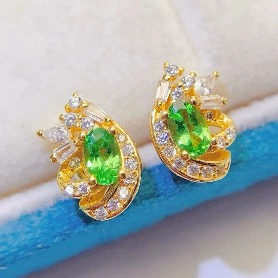 925 Silver Natural Tsavorite Earrings 3x5mm Genuine Tsavorite Stud Earrings with Certificate Women Fine Jewelry Gift