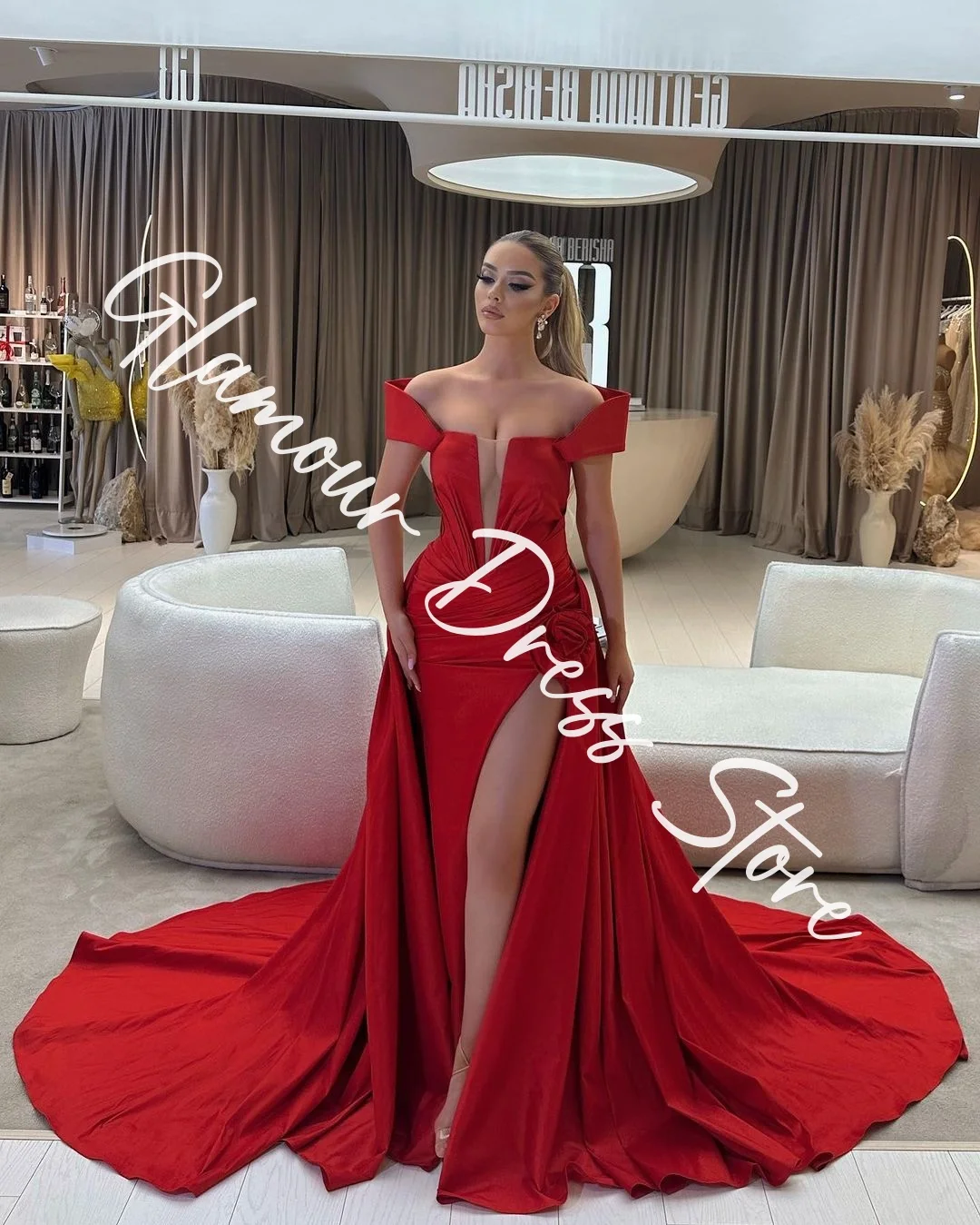 تخصيص أزياء جيرسي مستقيم قبالة الكتف الزهور فساتين السهرة حمالة قطار لوحة حمراء قصيرة الأكمام Pr #4