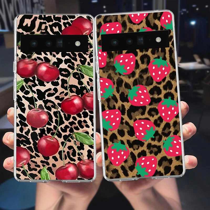 Fashion Leopard Print Cherry Phone Case For Google Pixel 8A 8 7 Pro 6A 5G Pink Bow Hand Painted Transparent Soft Covers Fundas