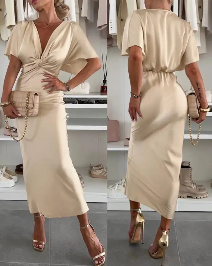 

Womens Dresses 2025 Spring Summer New Plunge V-Neck Batwing Sleeve High Waist Casual Twist Slim Fit Daily Long Dress