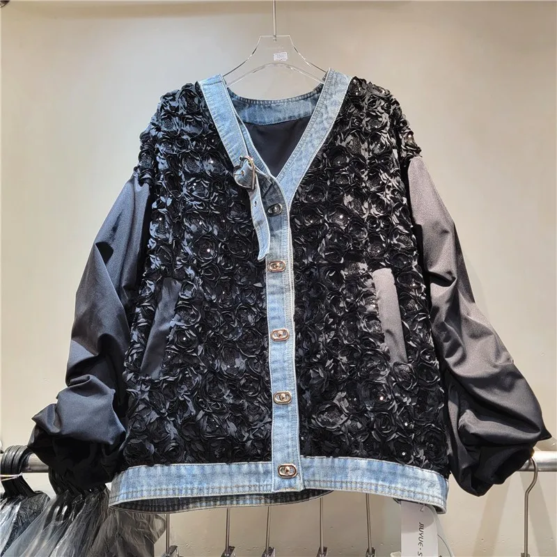 

Jackets Women Denim Coat Patchwork 2025 Autumn Outerwear V Neck Single Breasted Three Dimensional Flower Streetwear Overcoat