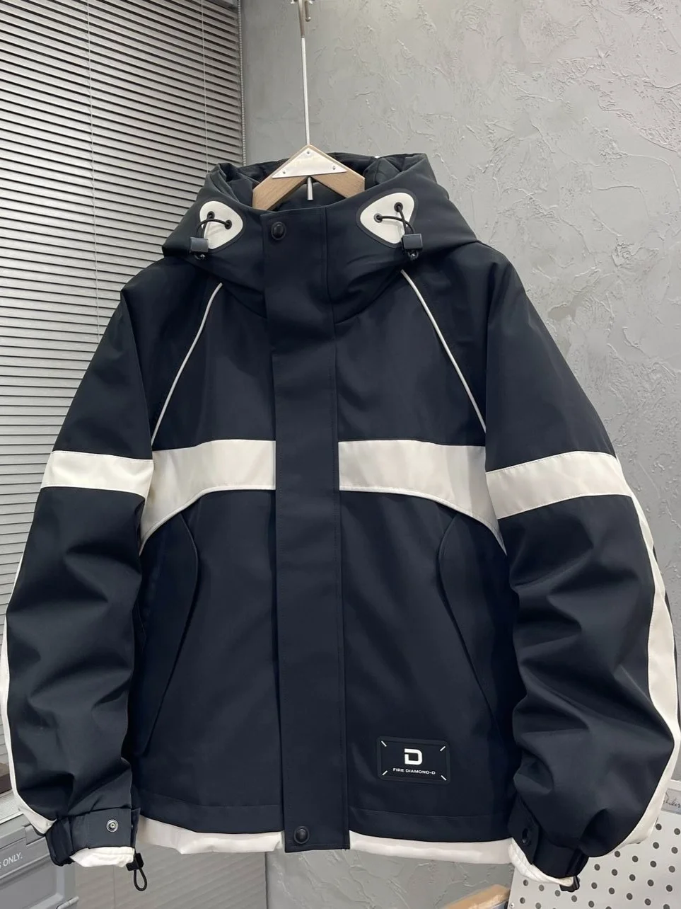 Men's Fall Winter Waterproof Jacket Trendy Color Block Hooded Windbreaker Casual Loose Warm Outdoor Coat Outerwear