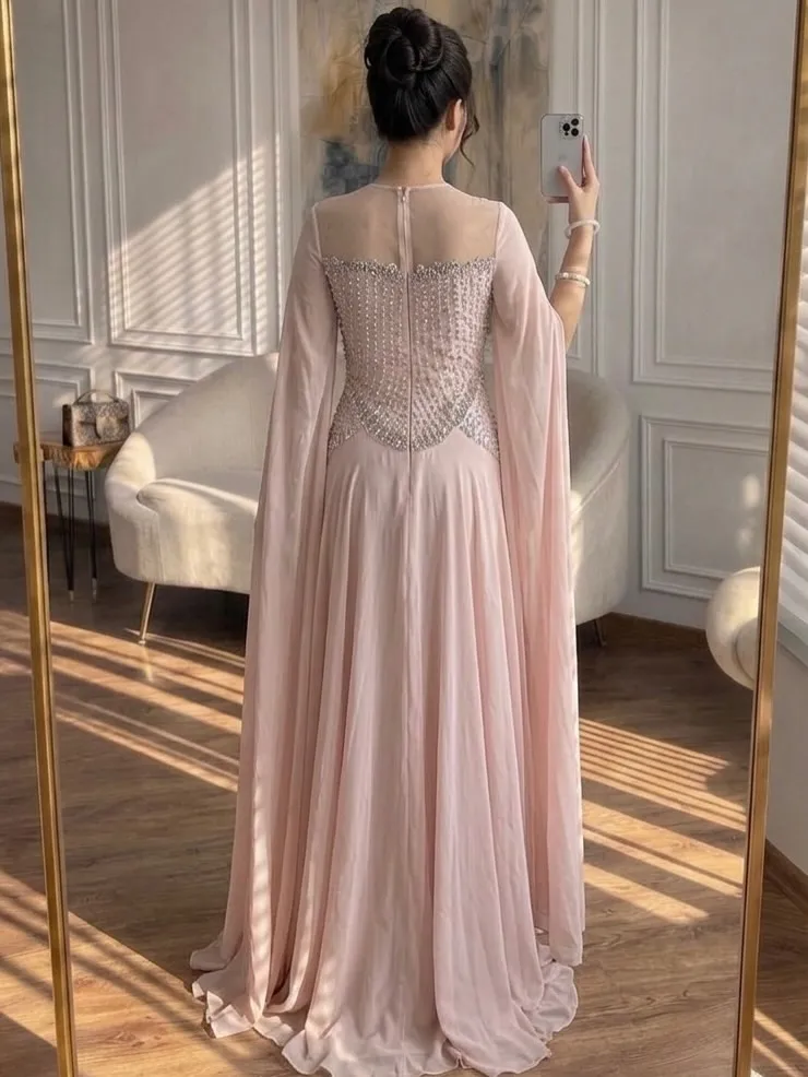 Maßgeschneiderte Luxus-Kristall-Abendkleider für Damen mit O-Ausschnitt und langen Ärmeln, Chiffon A-Linie Bodenlange Partykleider 2026 Neu