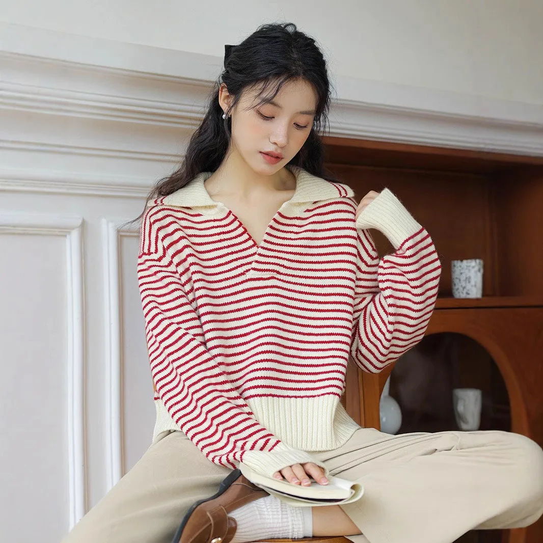 

2026Spring Winter New Style Women's Sweater Stripes Polo Neck Loose Fit Versatile College Style Knit Women's Clothing Trend 2025
