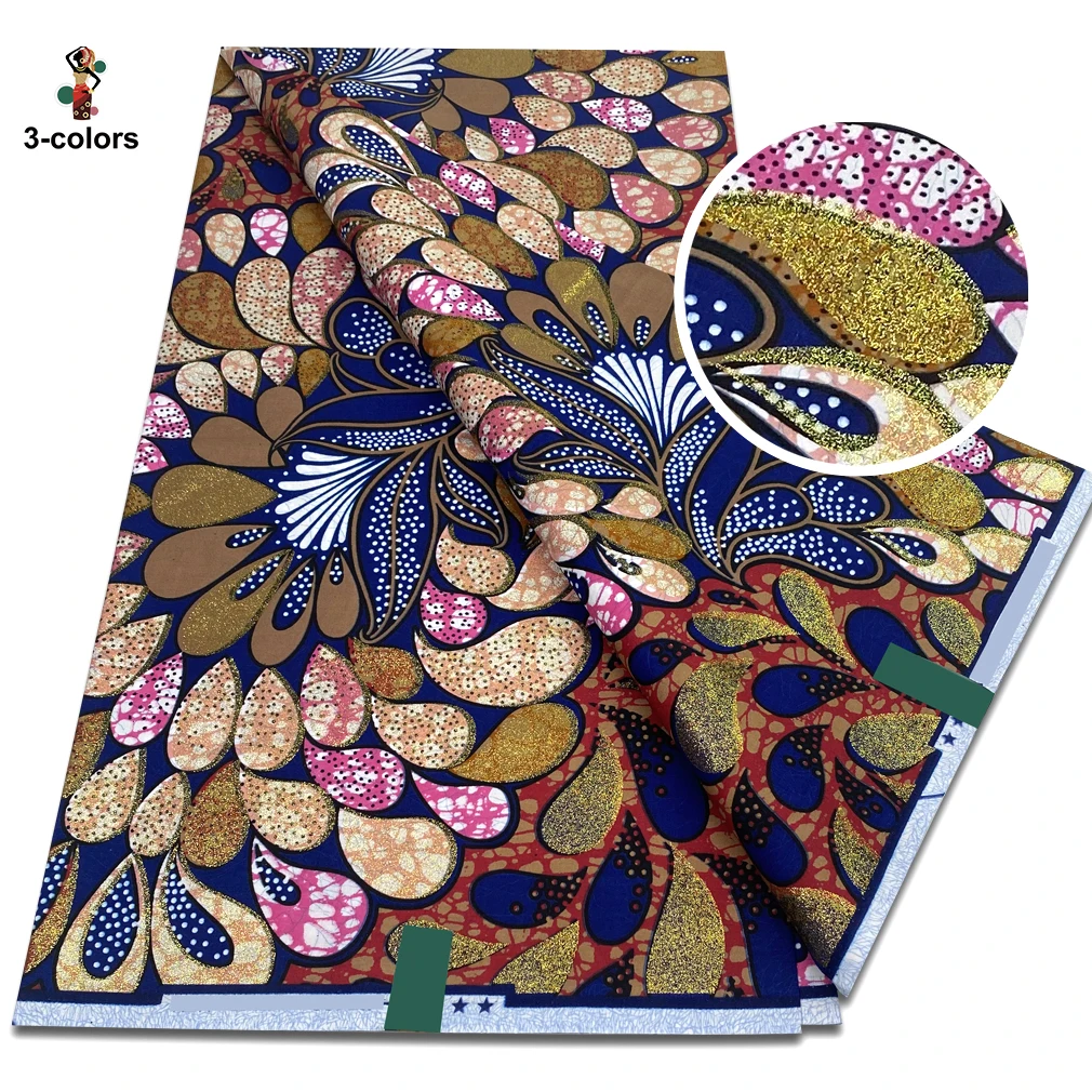 6 yards Newest Grand Super African Glitter Glam Wax Fabric Quality Ankara Wax Fabric Cotton Soft African Glitter Golden Fabric view 5