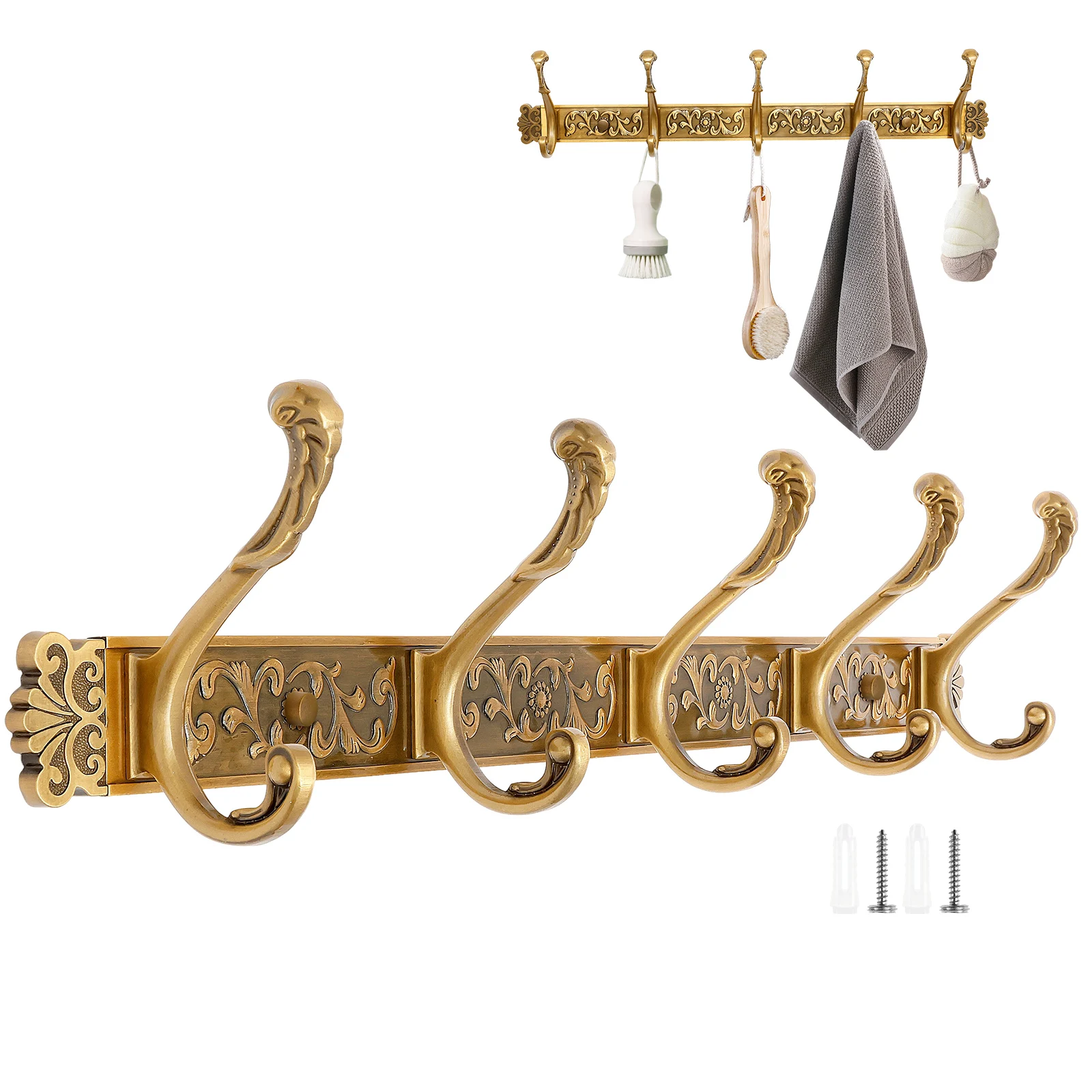 Vintage-Garderobenständer zur Wandmontage mit 5 Haken, dekorative Wandgarderobe für Badezimmer, Eingangsbereich, Schlafzimmer, robustes Aluminium