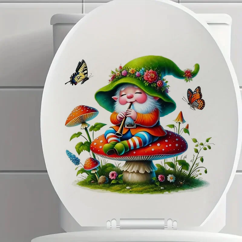 Whimsical Gnome 1pc Toilet Stickers,Wall Decal Removable, Reusable Vinyl Car Sticker for Toilet Lid, Bathroom Decor