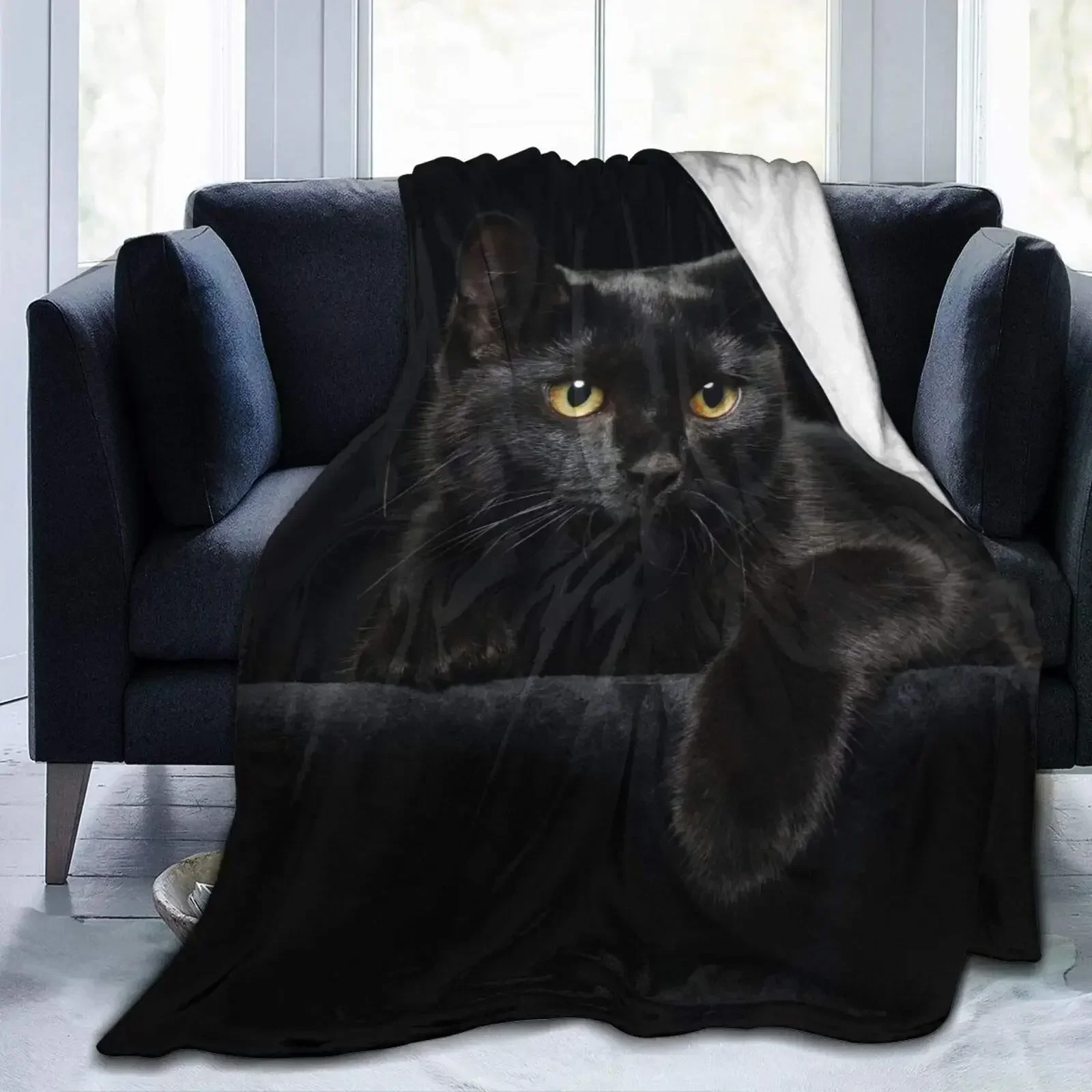 Cute Black Cat with Yellow Eyes Soft Throw Blanket All Season Warm Blankets Lightweight Fuzzy Flannel Throw Blanket for Bed Sofa