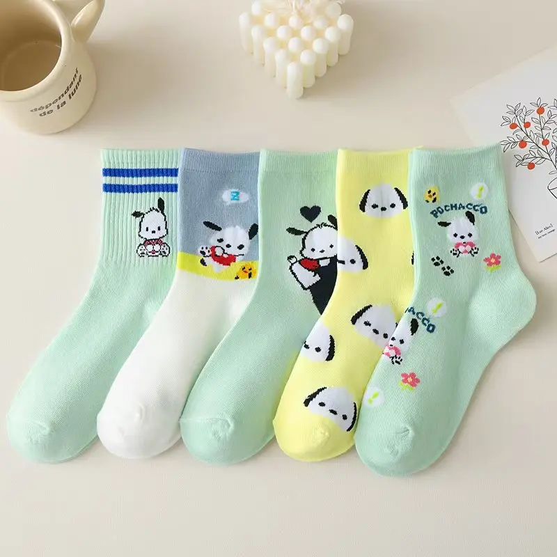 Sanrio Cute Pochacco Cartoon Socks for Women Mid-Calf Socks High-Quality School Style Versatile Striped Socks Autumn