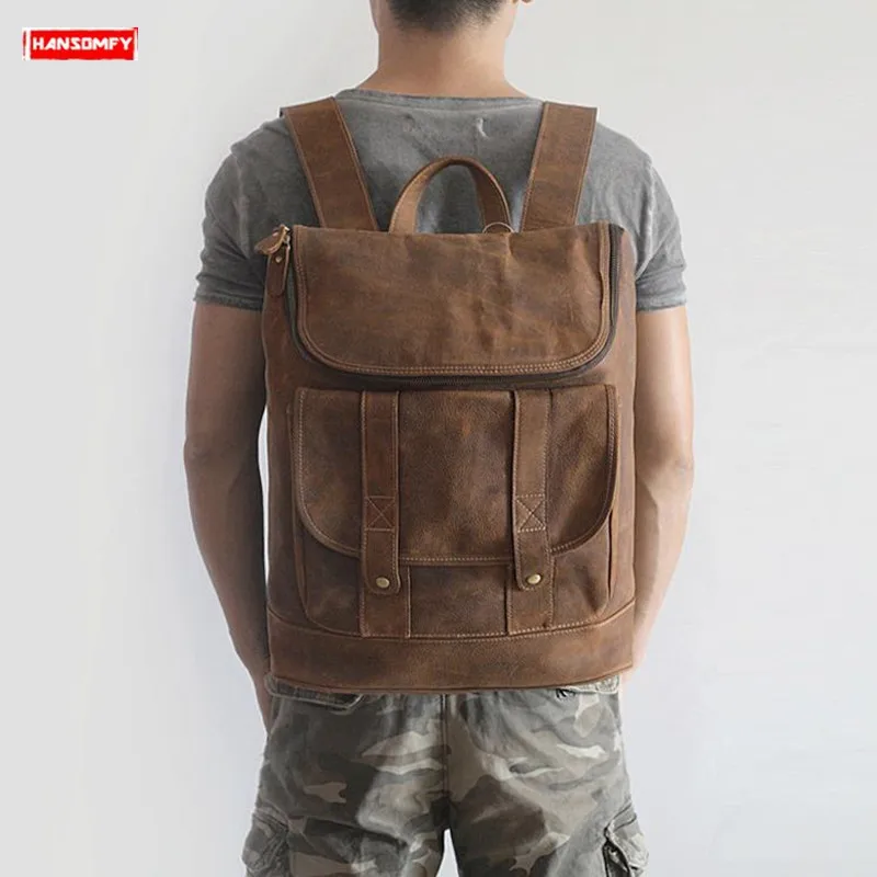 Retro Men Backpack Male Leisure Travel 15 Inch Laptop Computer Shoulder Bag Top Layer Leather Backpacks Crazy Horse Leather Spot