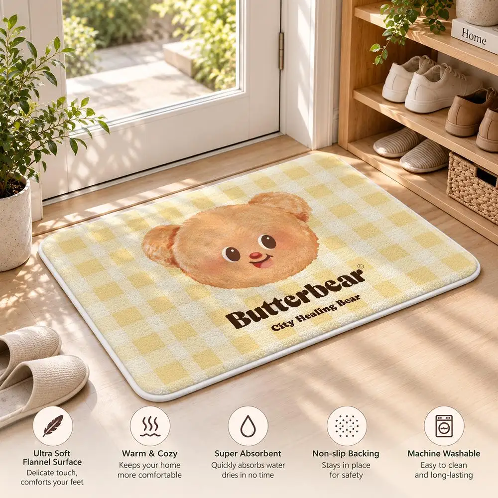 Cute B-Butter Bear Cartoon Floor Mat Flannel Rug Soft Non Slip Washable Door Mat For Bathroom Bedroom Kitchen Home Decor
