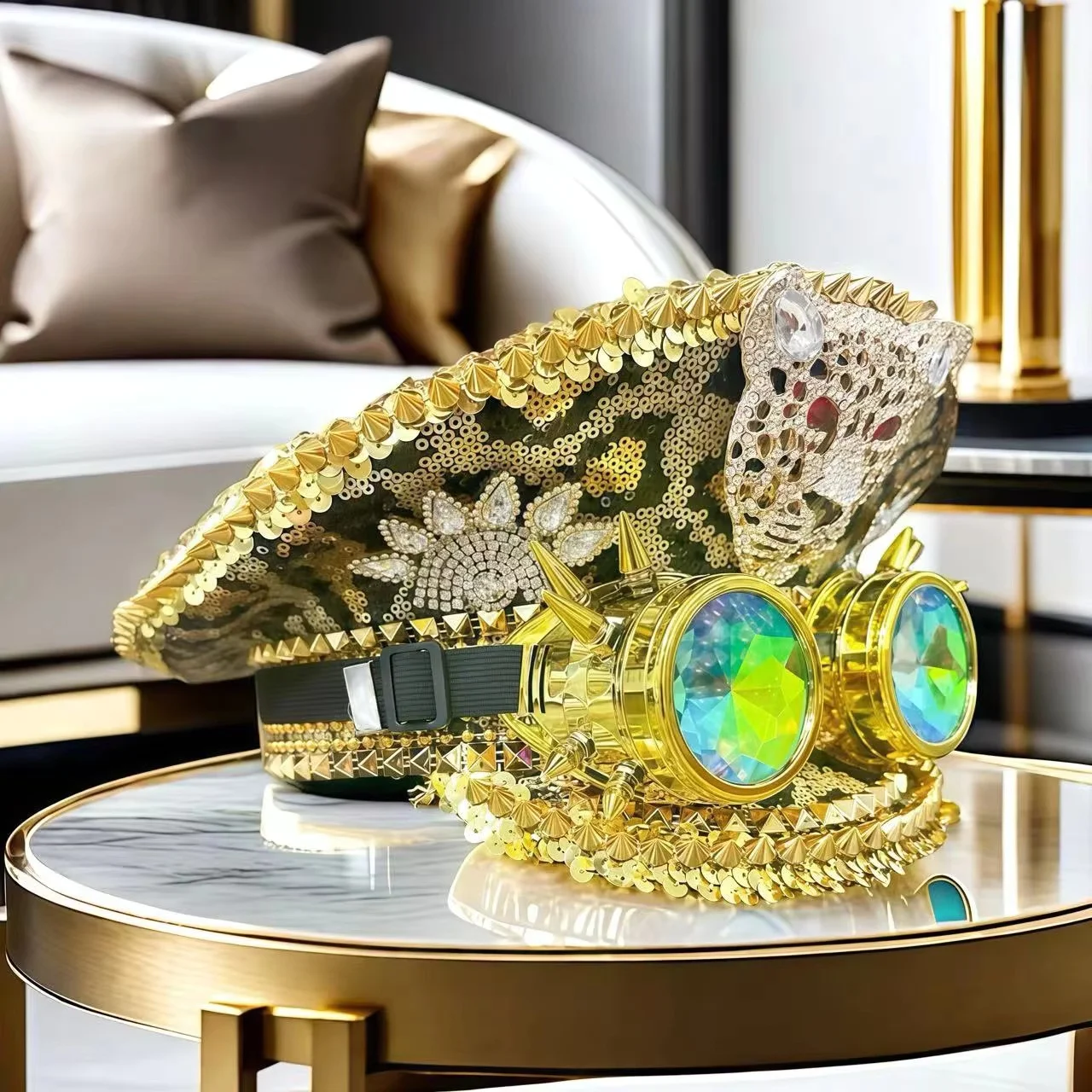 หมวกกัปตันฮองหลวน โกลเด้น ก็อกเกิลส์ ประดับคริสตัล สำหรับงานเทศกาลดนตรี ผู้หญิง หมวกคอสตูมงานคาร์นิวัล และอุปกรณ์เสริมคอสเพลย์สำหรับผู้หญิง