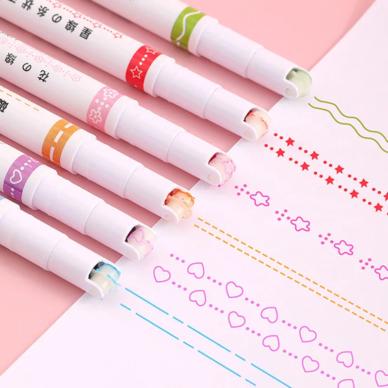 6Pcs/set Kawaii Flowers Line Shaped Highlighter Pens Roller Tip Curve Liner Marker for Writing Journaling Drawing Stationery