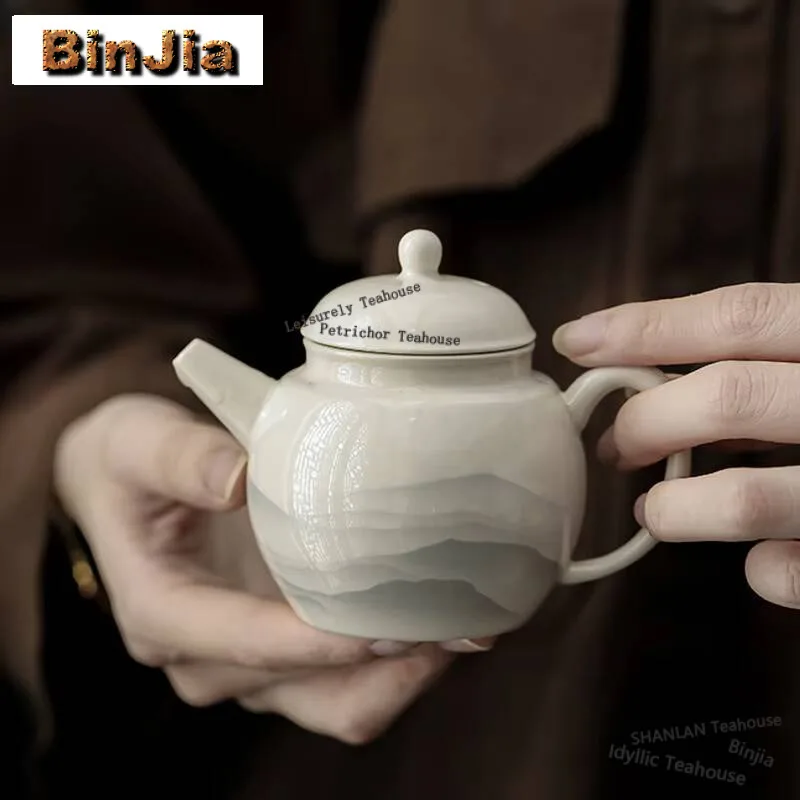 

160ml Retro Grass Wood Grey Ceramic Teapot Antique Ink Painting Landscape Pot Tea Brewing Kettle Tea Services Supplies Ornaments