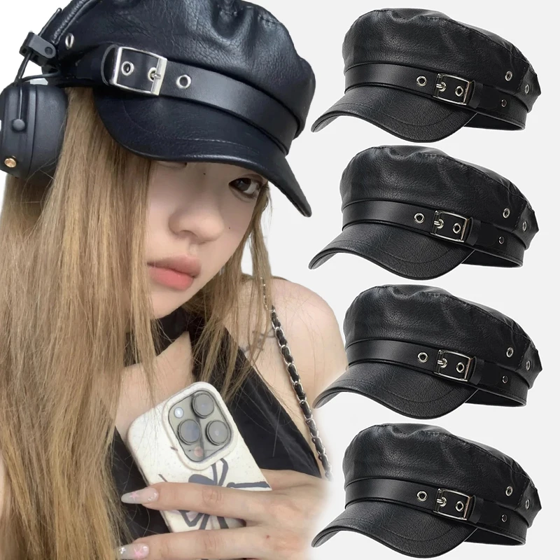 فاسق نمط أسود بولي Leather القبعات الجلدية القوطية قبعات مسطحة موضة خمر قبعة واقية من الشمس إنجلترا شقة Y2k الفتيات الهيب هوب قبعة البيريه #2