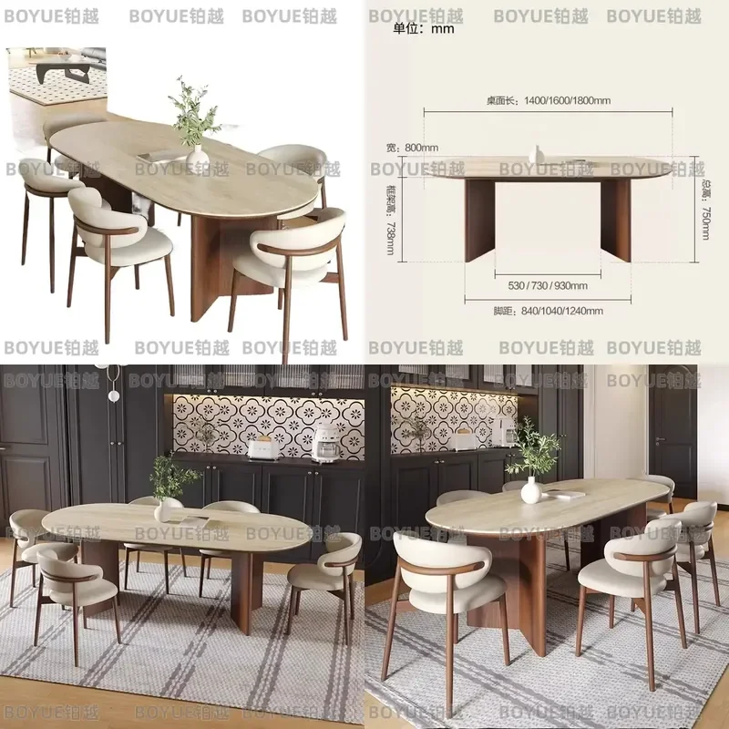 for Modern Walnut Kitchen Travertine Oval Dining Table Set with Solid Wood Legs and 8 Family Dinner Chairs for Dining Room