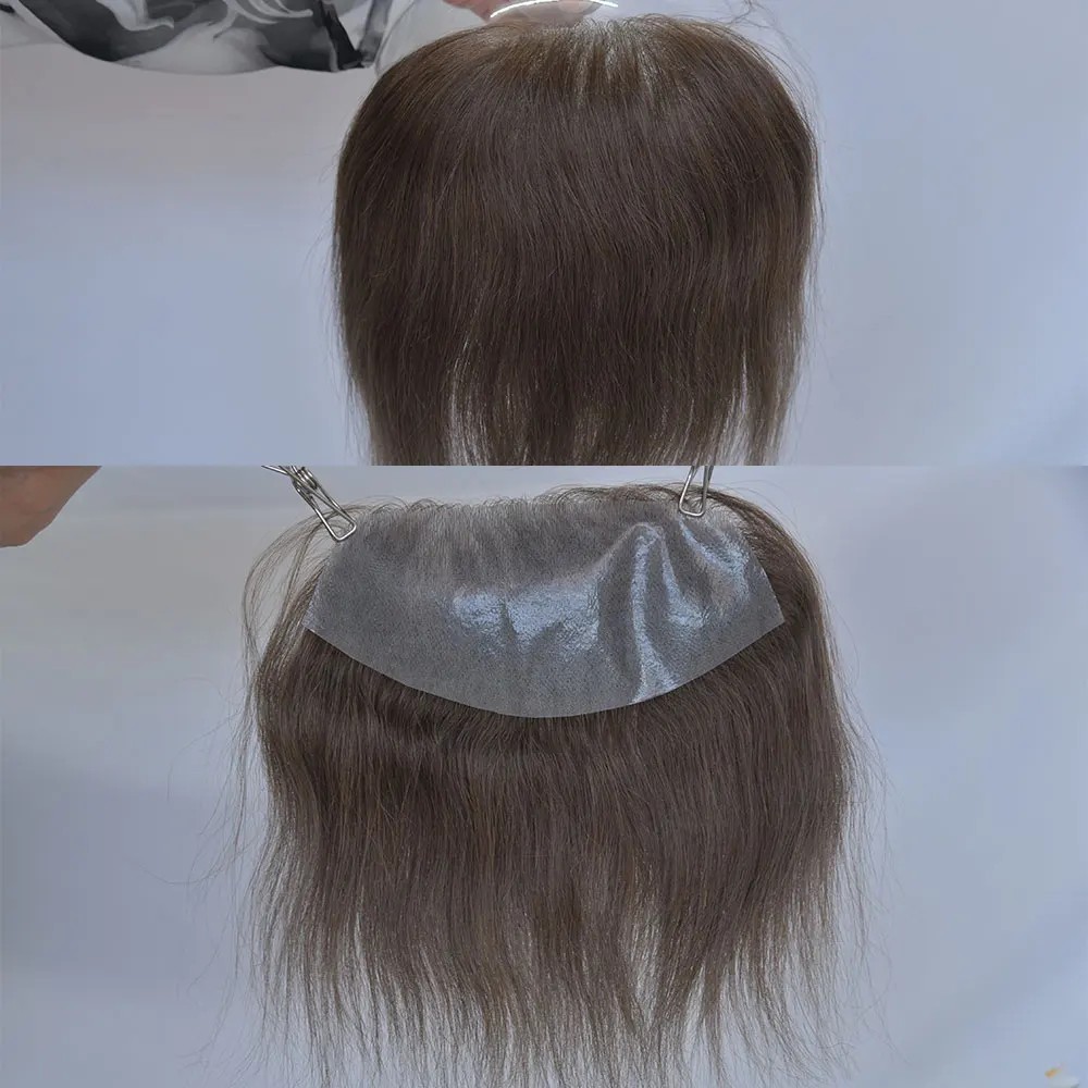 Men's Hairline PU Toupee Brown Hair for Frontal Hairpiece 100% Human Hair D Style Topper Replacement System 7x16cm Big Hairline