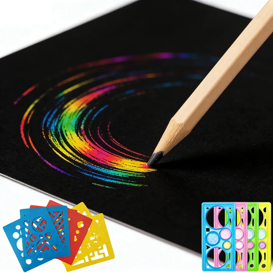 Picture 3: 21Pcs Rainbow Scratch Art Set, Magic Scratch Paper with Hollow Stencils & Wooden Styluses, Creative DIY Craft Kit Art Supplies ﻿
