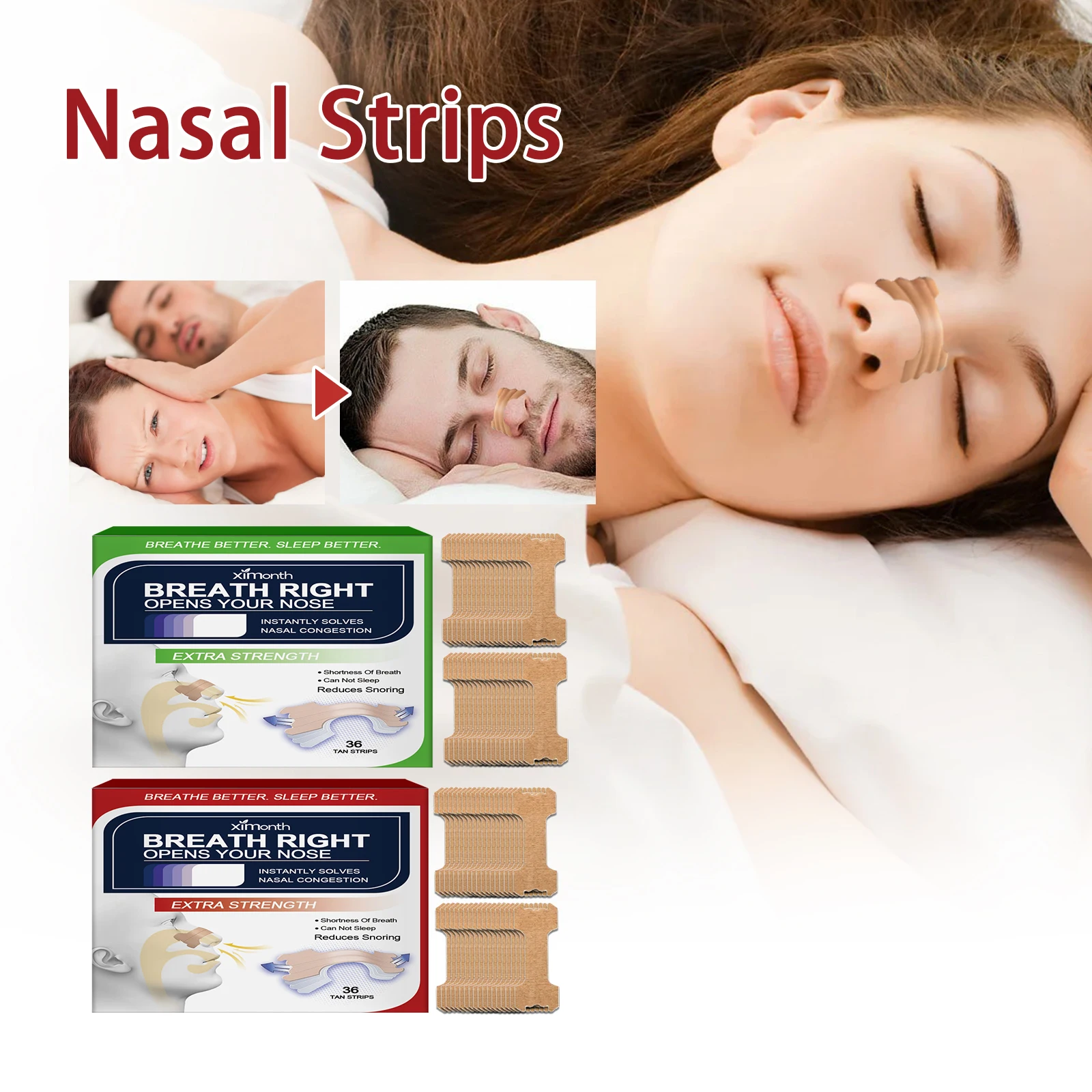 Ximonth 36pcs Anti-Snoring Nose Strips - Breathable and sticky nose strips, improve sleep, relieve snoring and enhance breathin