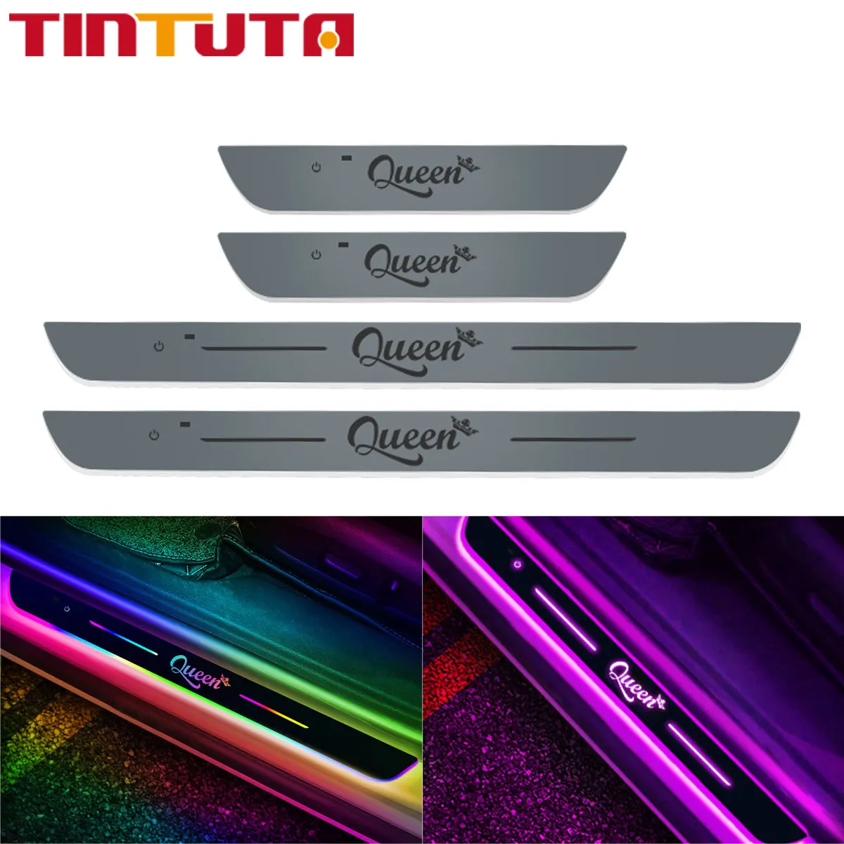 4 PCS Queen Car Welcome Door Sill Light Threshold Lamp Plate Pedal Light With Wireless LED Light Adjustable Color Changing Mode