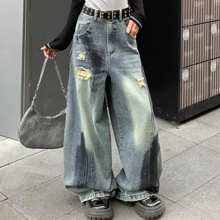 American Street Distressed Hole Straight Straight Spray-Painted Wide-Leg U-Shaped Jeans Women Versatile New  Loose Slimming