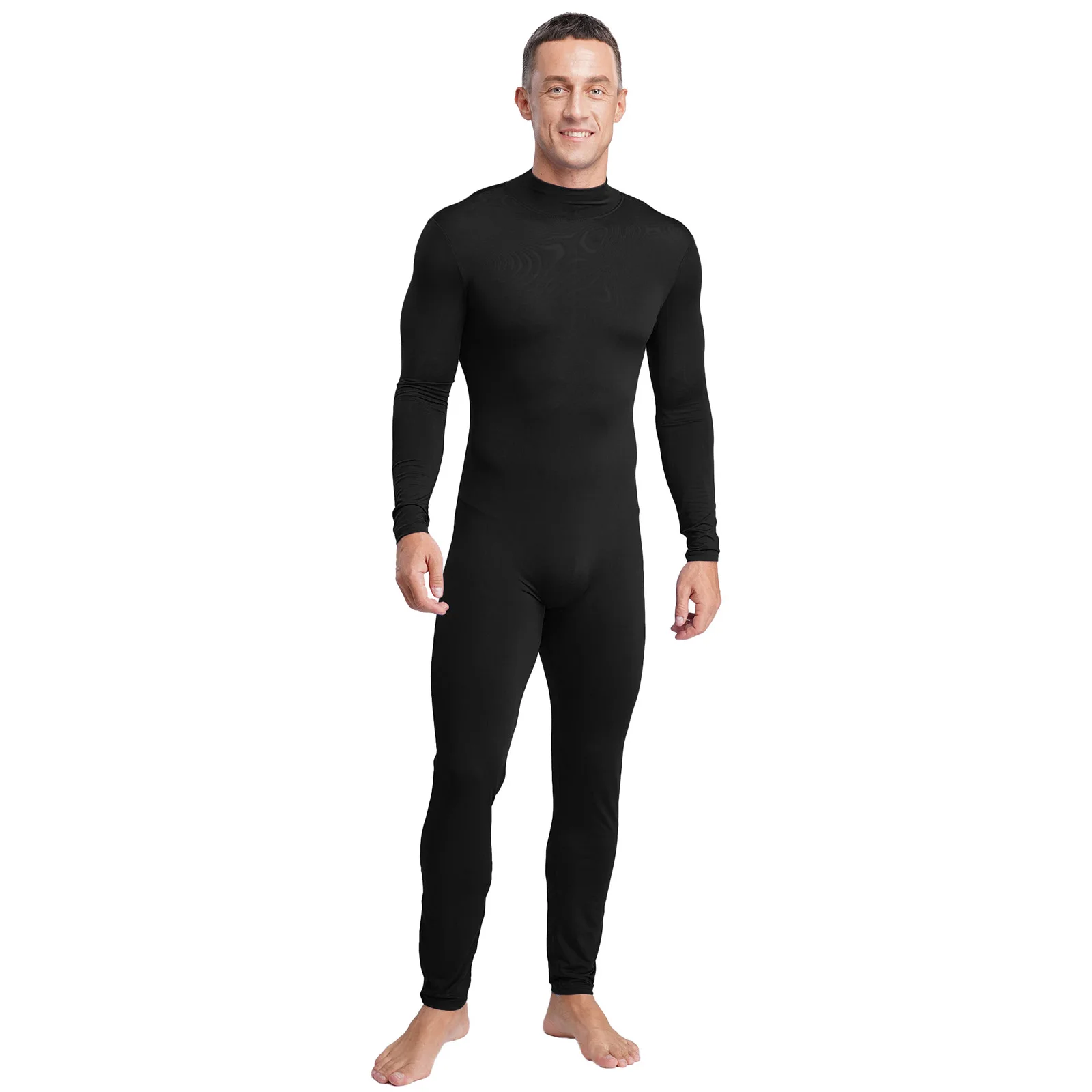 

Mens Stretchy Jumpsuit Mock Neck Long Sleeve Long Pants Back Zip-up Bodycon Bodysuit Compression Sportswear for Workout Yoga