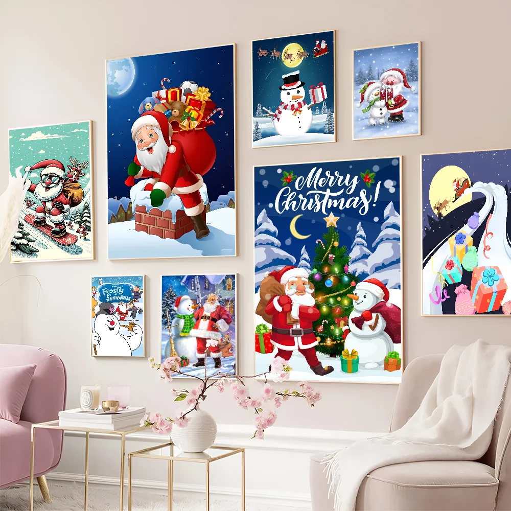 

Santa Claus And Snowman Anime Posters Sticky HD Quality Wall Art Retro Posters For Home Kawaii Room Decor