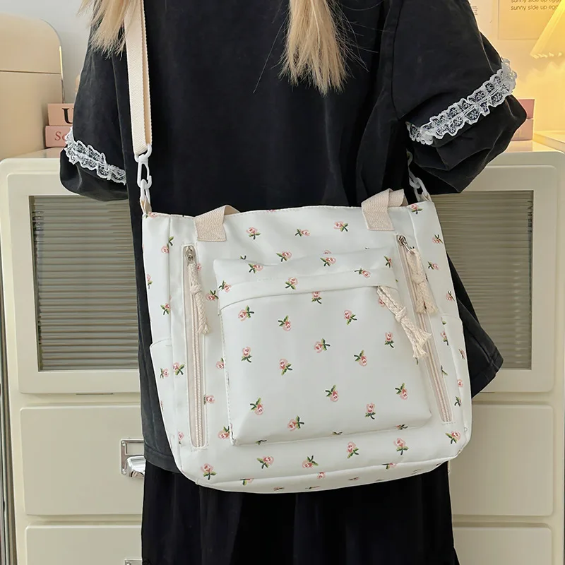 

Ins Korean Simplicity Floral Tote Bag for Student Girl Aesthetic Print Flower Fashion Shoulder Bag Large Capacity Storage Bag