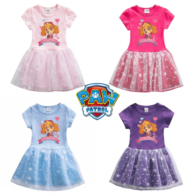 

New Paw Patrol Mesh Dress Children Clothes Puppy Patrol Costume Girls Skirt Anime Sky Summer Short-Sleeved Party Girl Dress Gift