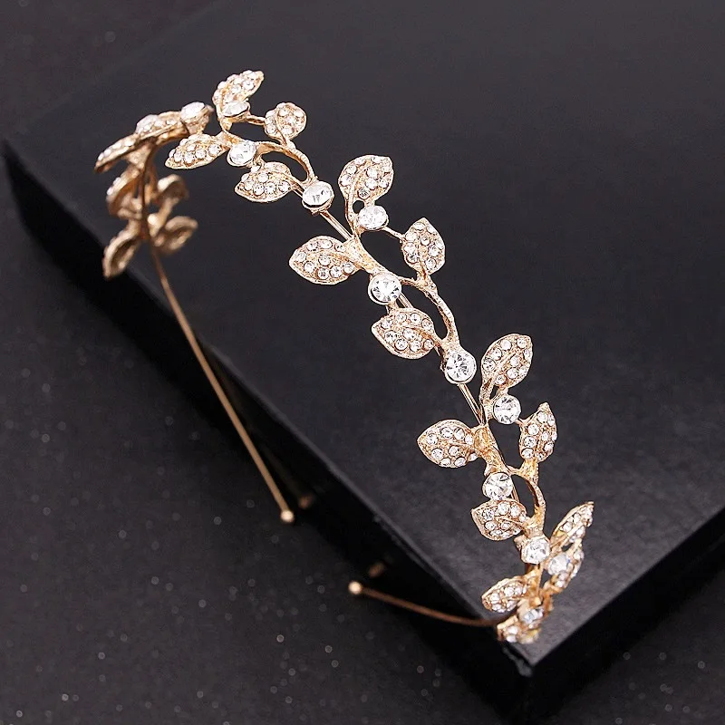 Women Bridal gold Tiara Headbands Crown Headwear Rhinestone leaf Wave Hair Band Wedding Hair Accessories for Gorgeous Ladies