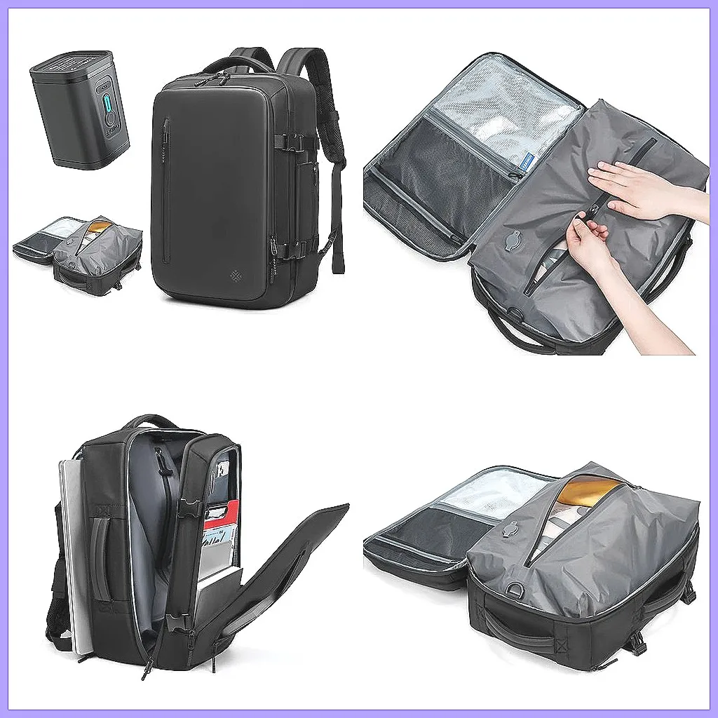

16 Inch Vacuum Compression Backpack for Men, Waterproof Travel Laptop Bag, Outdoor Hiking Business Backpack with Pump