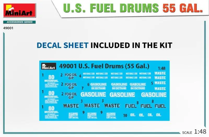 MiniArt 49001 1/48 scale U.S. Fuel Drums 55 Gal. (Plastic model)