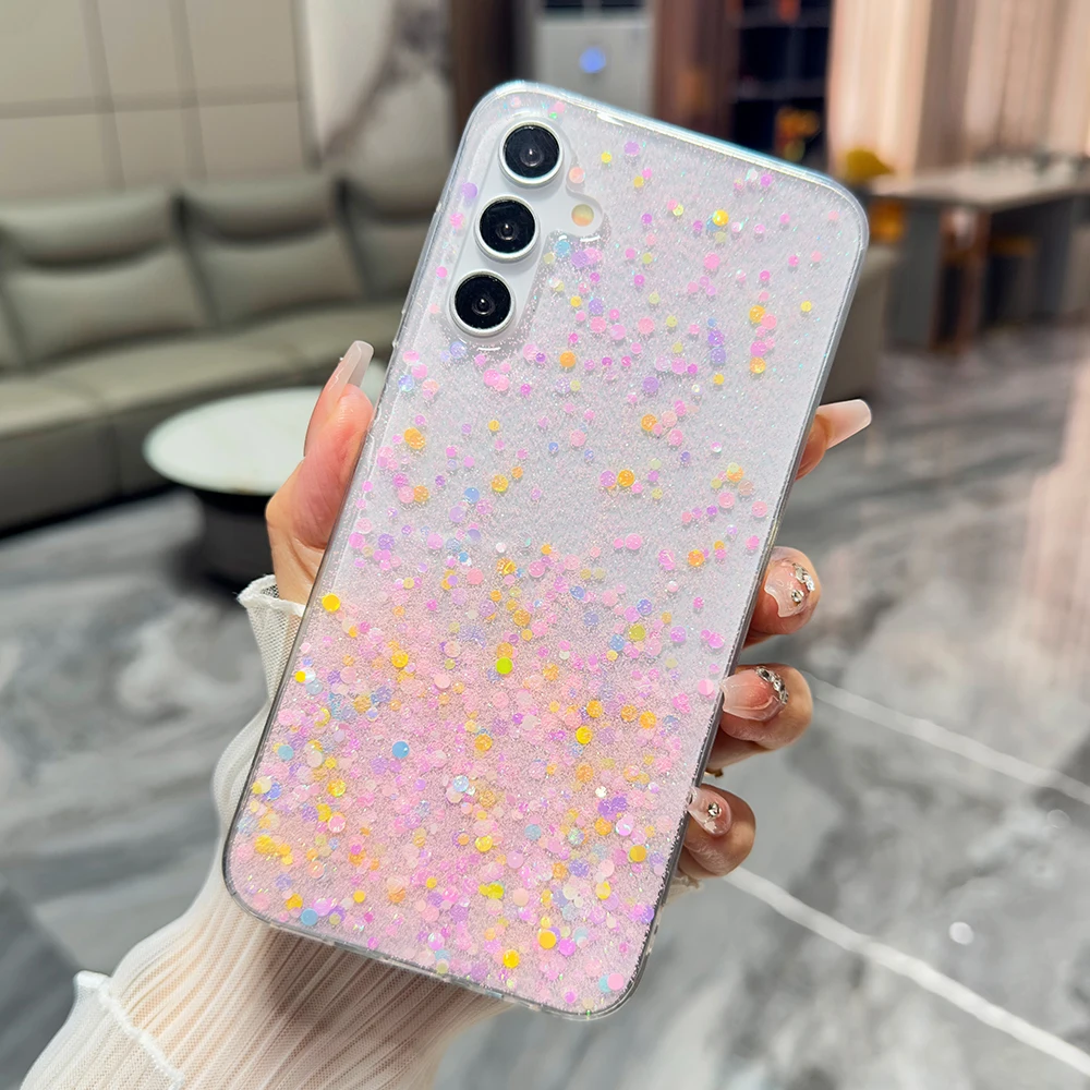 Luxury Sequins Glitter Powder Phone Case For Samsung Galaxy A16 A15 A14 A13 A55 A35 A25 Soft Transparent Shockproof Back Cover