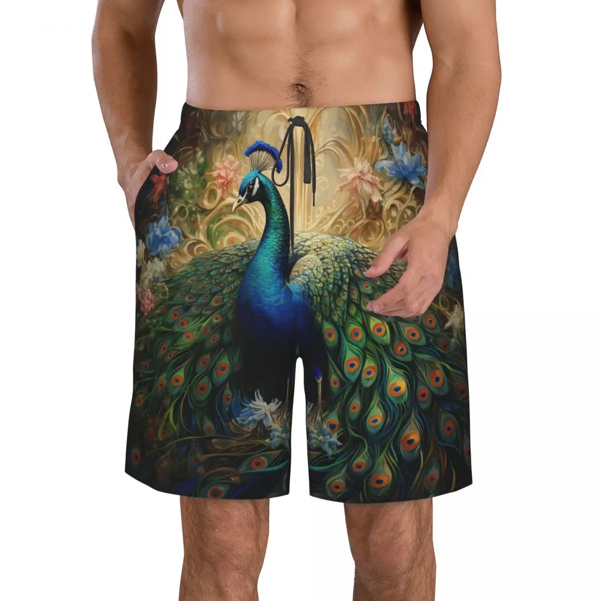 Pantalones cortos de natación de secado rápido pavo real con plumas flores traje de baño hombre traje de baño bañadores