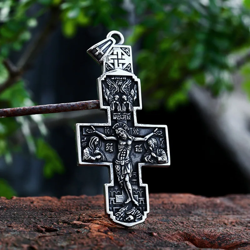 Steel soldier Jesus Cross Men\'s  Stainless Steel Crucifix Eastern Orthodox  Pendant Chain Necklace Jewelry