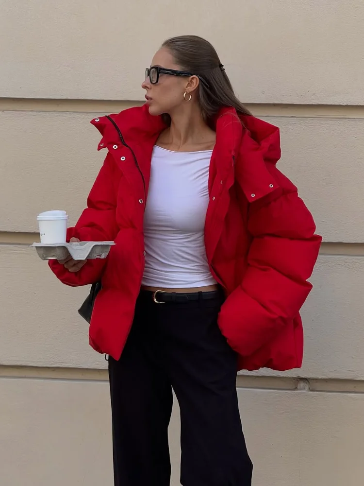 

Women Hooded Red Cotton Coat Fashion Casual Long Sleeve Zipper Pocket Short Loose Jackets 2025 Lady Winter Daily Street Outwears
