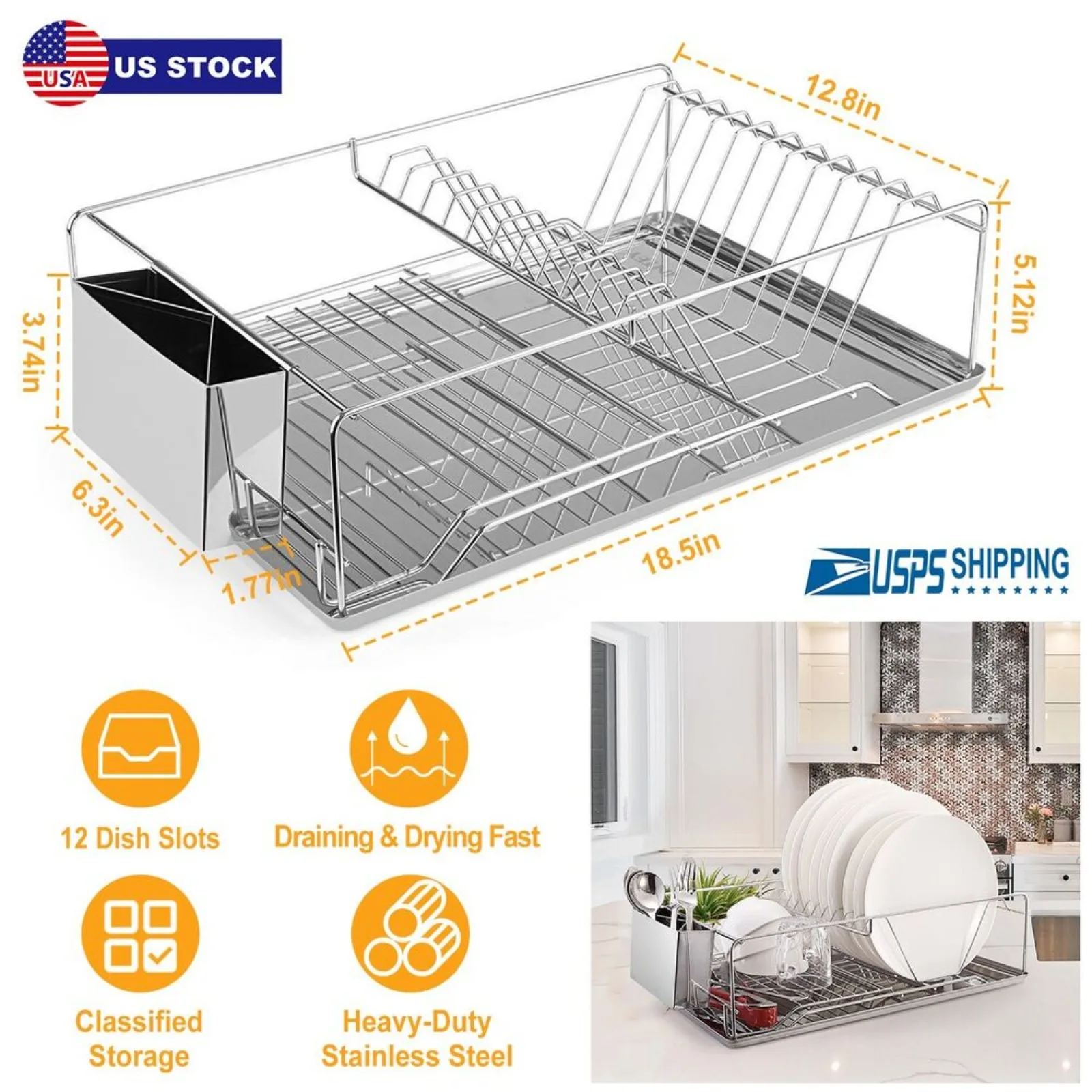 US Stainless Steel Kitchen Dish Rack Bowl Drying Utensil Holder Drainer Organizer