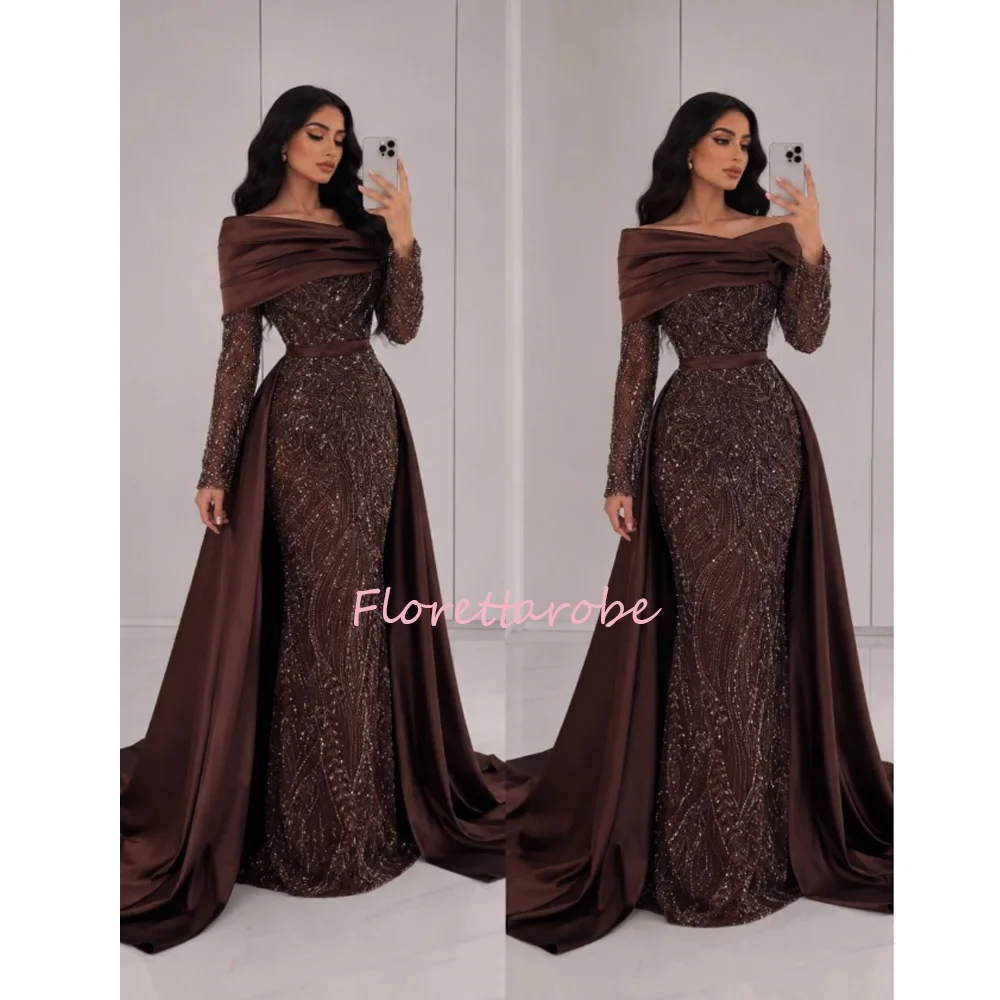 Maßgeschneidertes Abendkleid, schulterfrei, luxuriöses Satin-Spitzenkleid mit langen Ärmeln, Meerjungfrau-Stil, Ballkleid, bodenlang, Vestidos De Gala