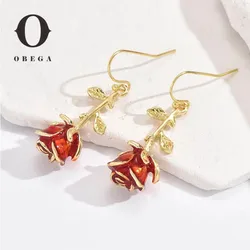 Obega Gold Color Rose Shape Earrings For Women Red Epoxy Girls Cute Jewelry Pink Color Bowknot Earring Stud Daily Party Jewelry