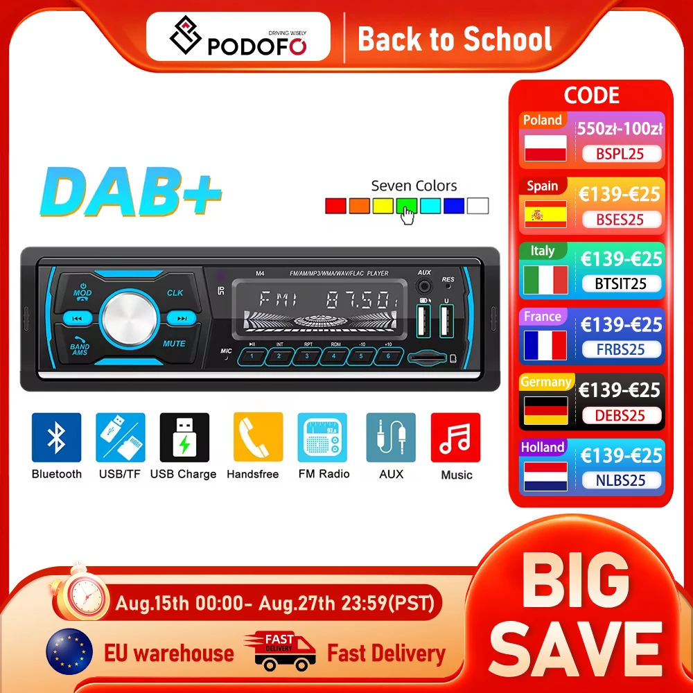 Podofo 1Din Lettore Auto MP3 Bluetooth FM AM RDS USB AUX-IN U Disco DAB + 12V Auto Stereo Radio Telecomando Radio Ricevitore Stereo
