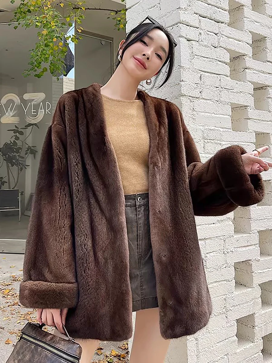 

Lautaro Autumn Winter Thick Warm Soft Brown Fluffy Faux Mink Fur Coat Women Deep V Neck Elegant Luxury Chic Loose Clothes 2025