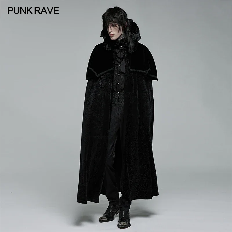 PUNK RAVE Men's Gothic Mysterious Dark Noble Night Cloak Weft Velvet & Jacquard Long  Men Neckline Simulated Red Gemstones