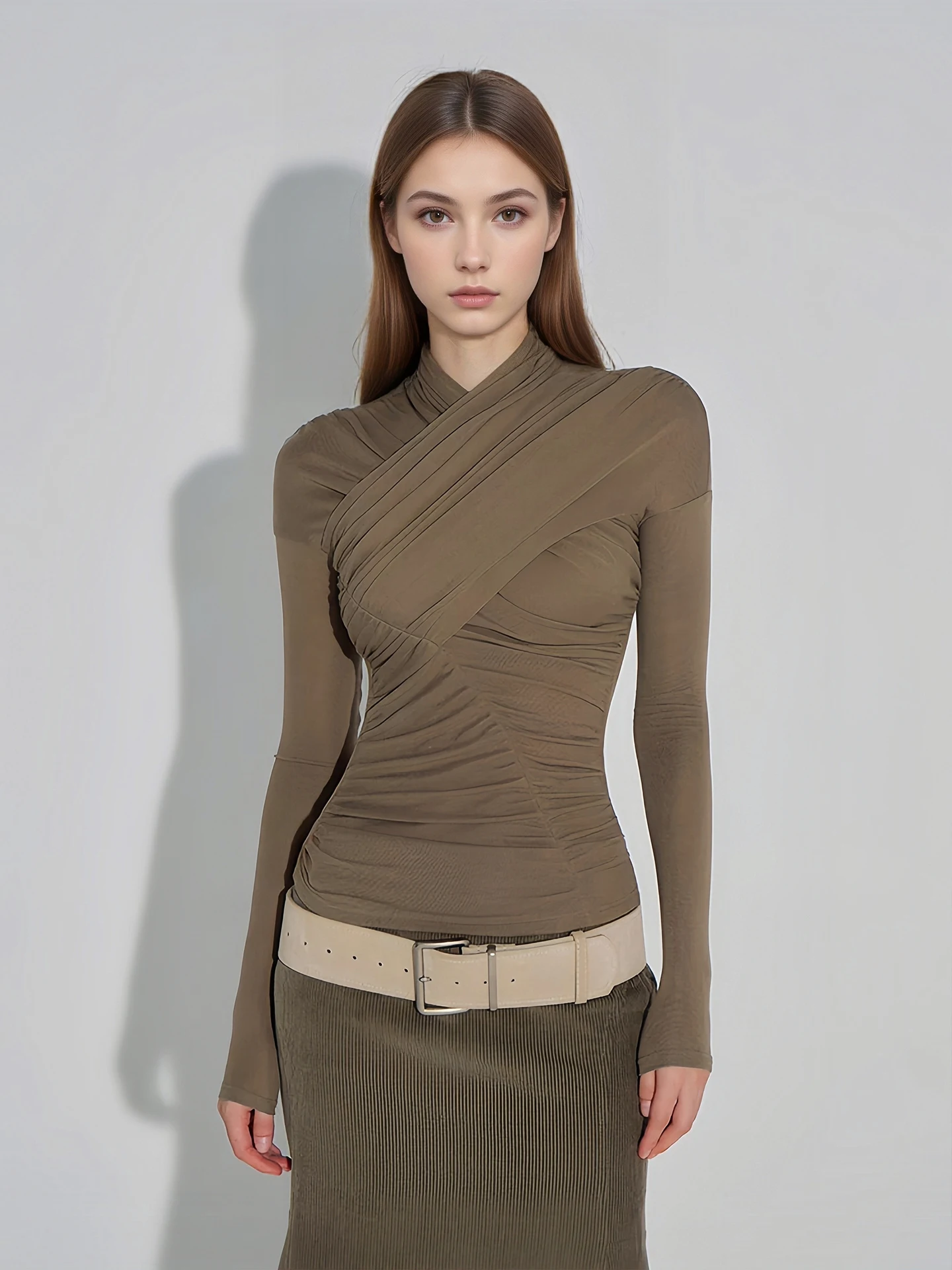 

Ретро-футболка с длинным рукавом для женщин, облегающая, плиссированная, утягивающая, базовый слой, топ Pure Desire для весны, повседневный, простой, элегантный